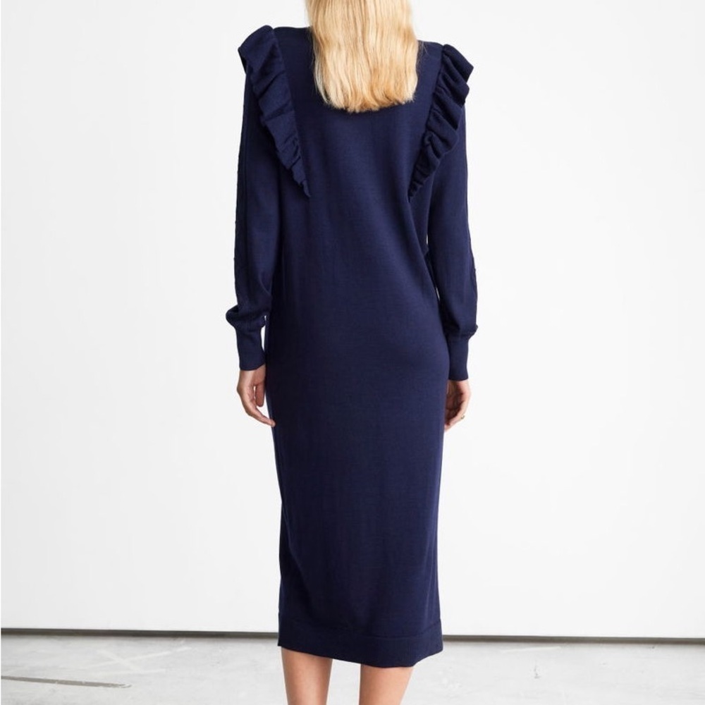 & Other Stories Pointelle Knit 100% Wool Midi Dress in "Dark Blue" Size XS - Picture 3 of 12